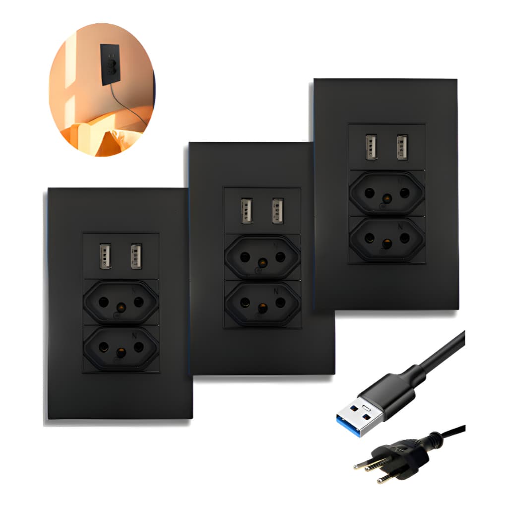 Kit 3 Tomada Dupla De Parede 4x2 Com 2 Entradas Usb Bivolt Com Espelho Na Cor Preto 5v