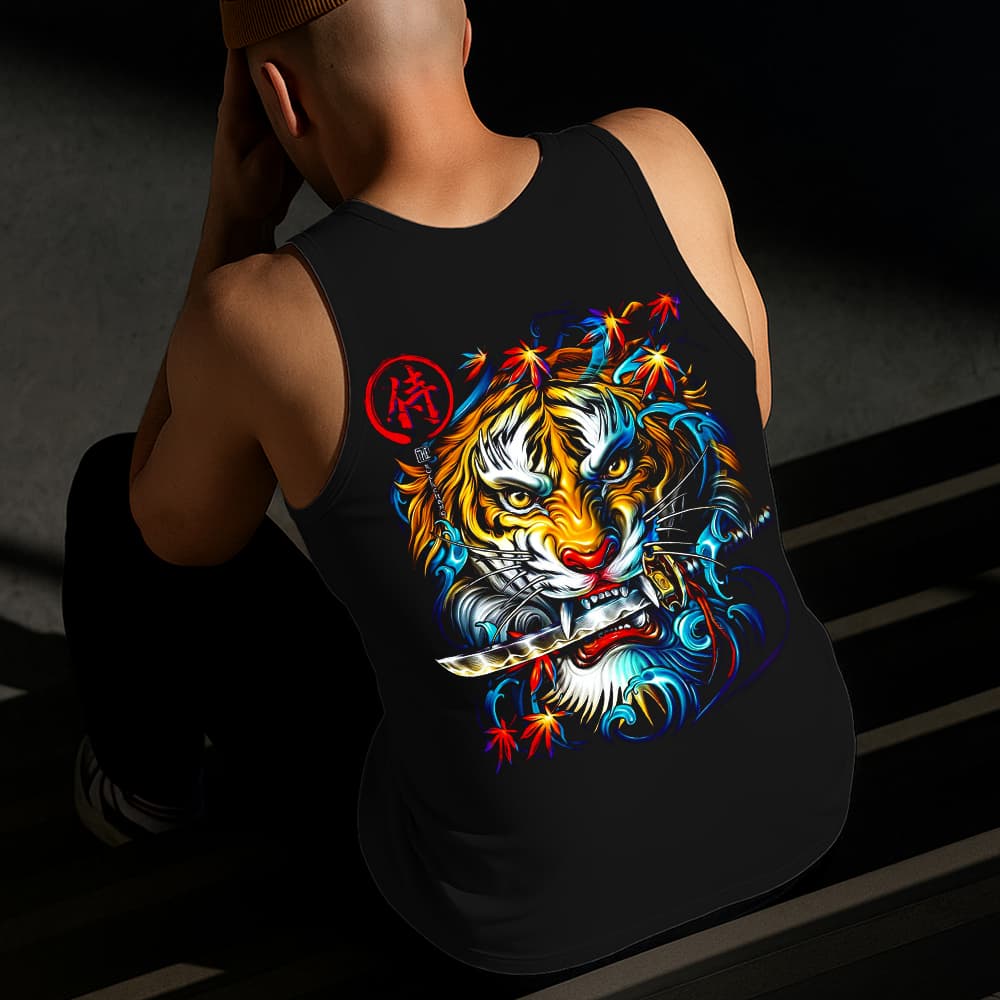 Camiseta Regata Masculina Estampada Tigre com Espada Algodão Estilo Conforto Diário Do Tamanho P GG