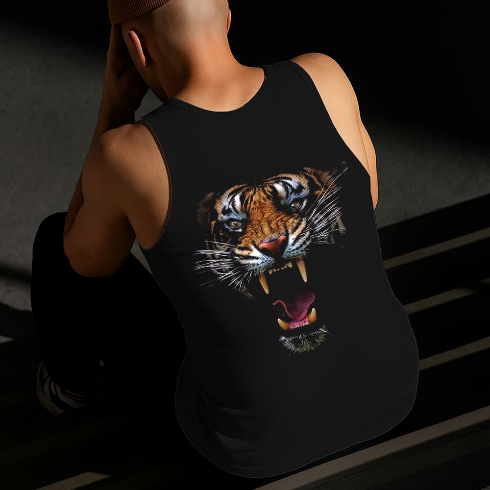 Camiseta Regata Masculina Estampada Tigre no Escuro Algodão Estilo Conforto Diário Do Tamanho P GG