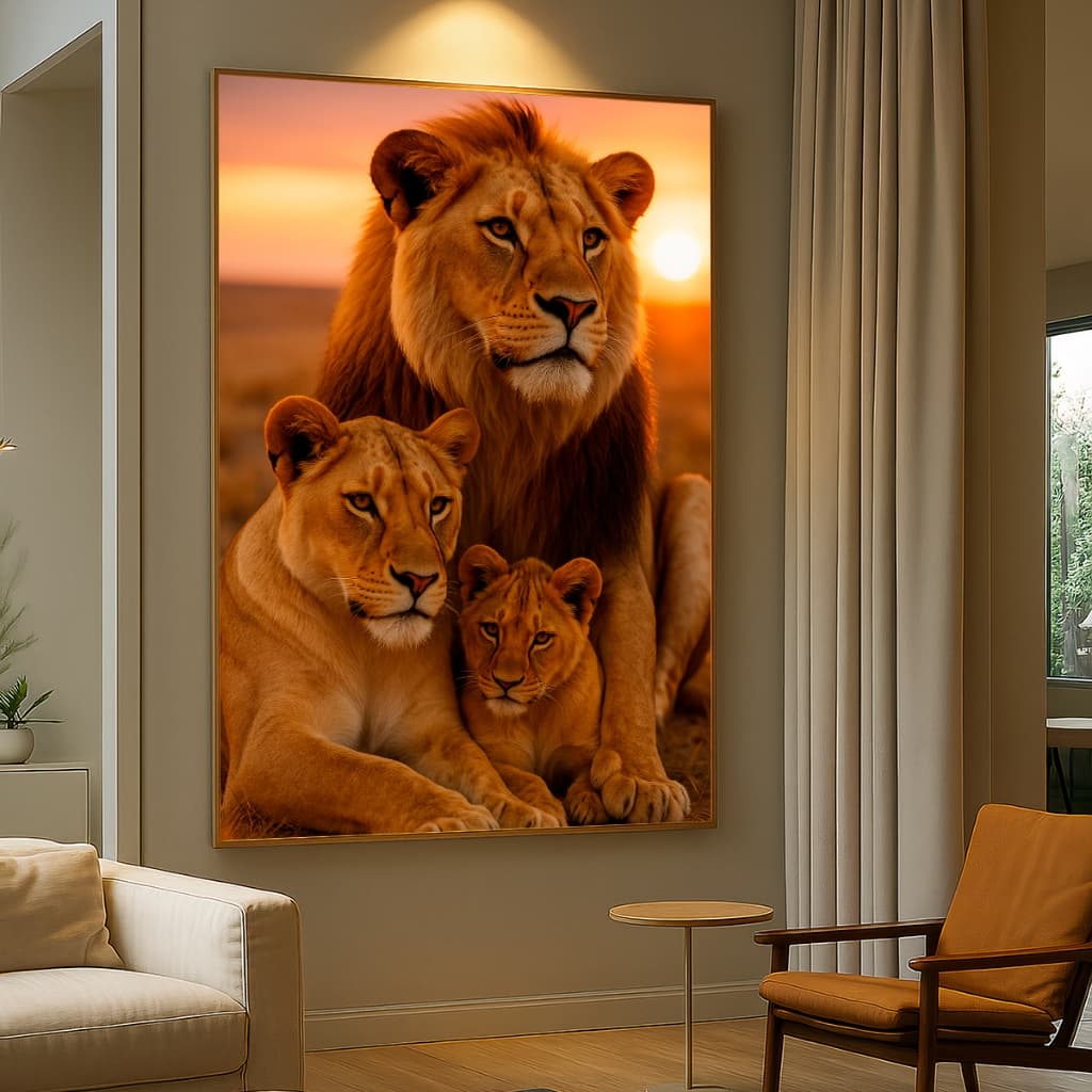 Quadro Decorativo GRANDE Alta Resolução Quart Escritório Quadro Familia de Leão por do sol 1 filhote