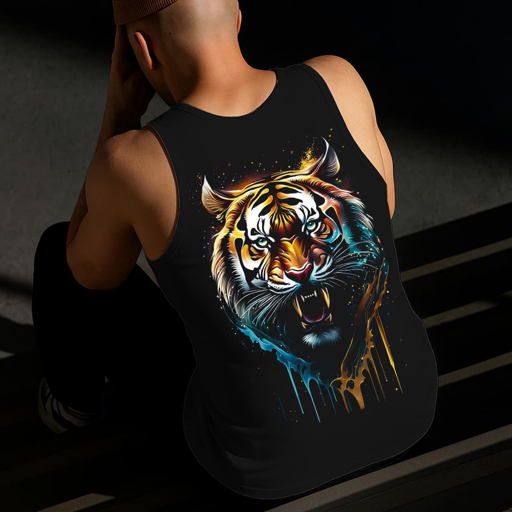Camiseta Regata Masculina Estampada Tigre Derretendo Algodão Estilo Conforto Diário Do Tamanho P GG