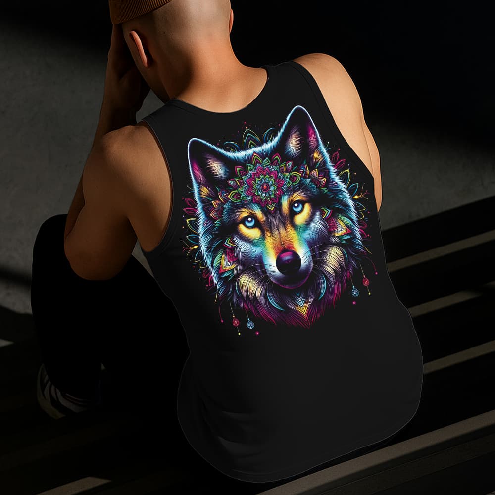 Camiseta Regata Masculina Estampada Lobo Mandala 100% Algodão Estilo Conforto Diário Do Tamanho P GG