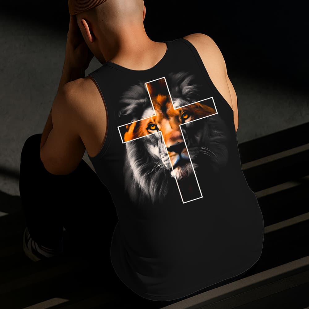 Camiseta Regata Masculina Estampada Leão com Cruz Algodão Estilo Conforto Diário Do Tamanho P GG