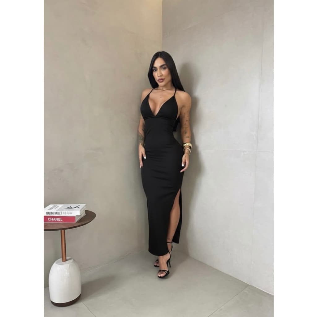 Vestido Feminino longo em Ribanna com Decote e amarração nas costas