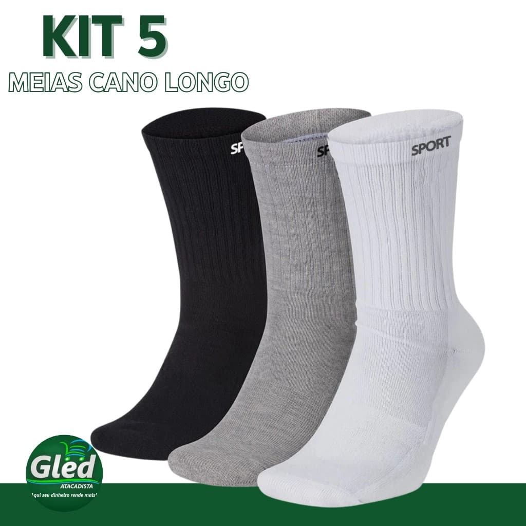 Kit 5 Pares De Meias Cano Longo 68% Algodão Meia Esportiva Sortidas