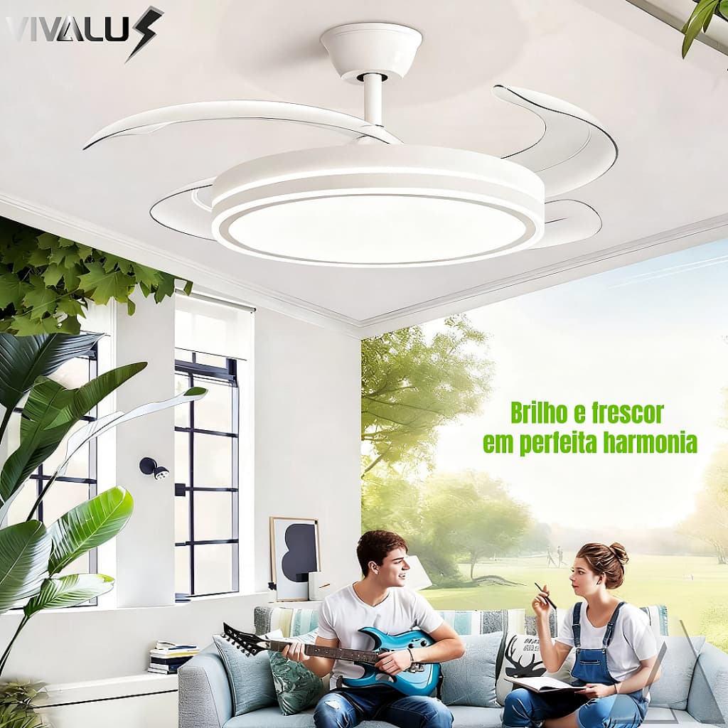 Ventilador de Teto Plafon LED Com Ventilador 4 Pás Retrateis Ultra Silencioso Moderno com Controle