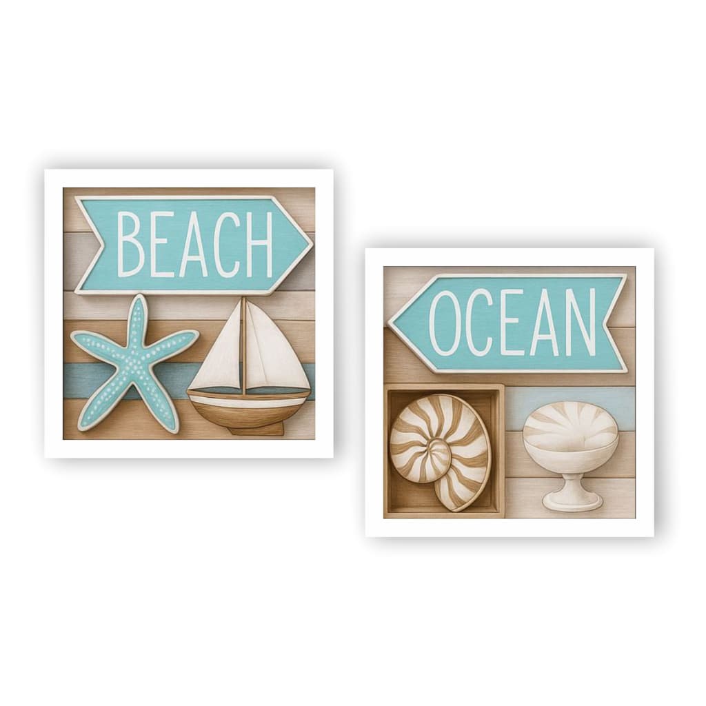 Kit 2 Quadros Decorativos Banheiro Toalete Praia Mar Conchas 18x18