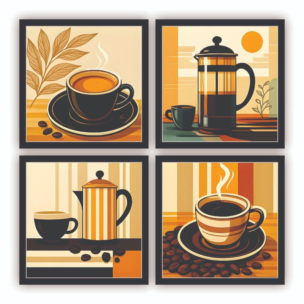 Kit 4 Quadros Decorativos Café Xícara Cozinha Cantina Copa 18x18