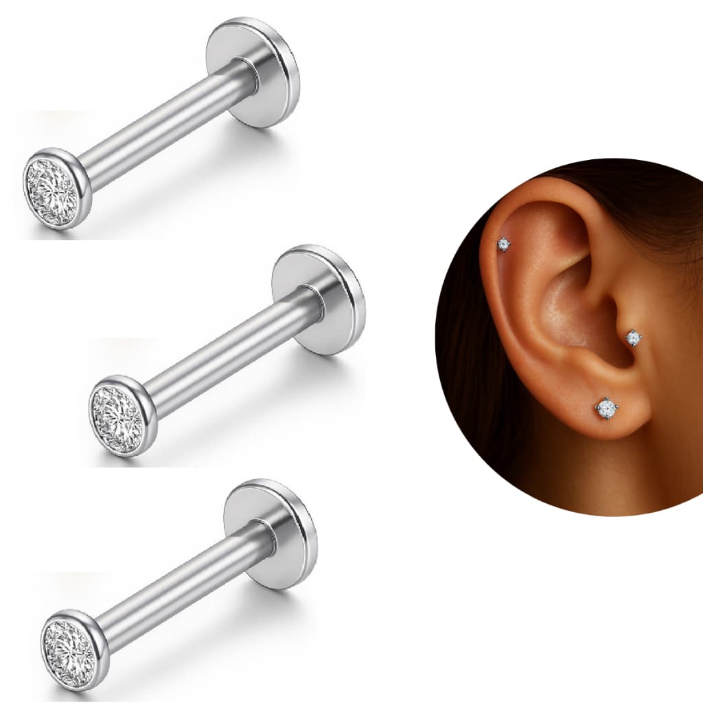 Kit 3 Piercing Titânio Zircônia Ponto de Luz PVD Orelha Helix Tragus Conch