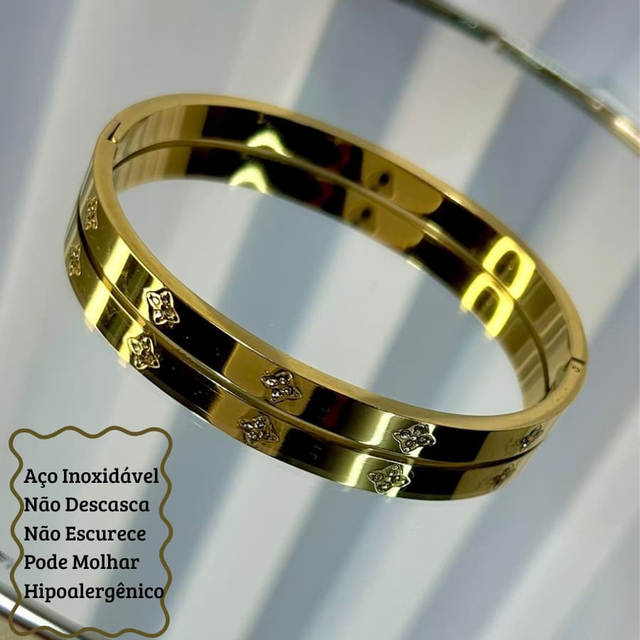 Bracelete Dourado com Mini Cristais Formato Estrelinha em Aço Inoxidável 316L Antialérgico