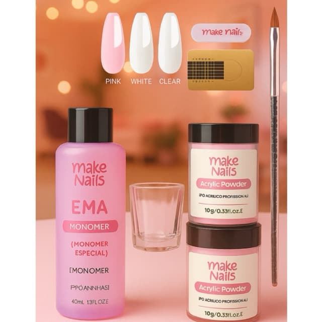 kit manicure alongamento unhas de porcelana 2 pó acrílico+1 lixa+1pincel+1monomer+1 dappen para unhas artificiais