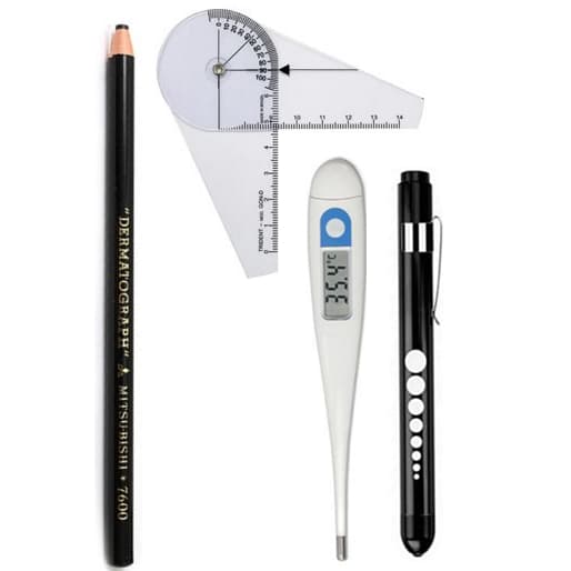 Kit Goniômetro Pequeno + Lápis Derma + Termômetro + Lanterna Clínica | Fisioterapia/Enfermagem/Saúde