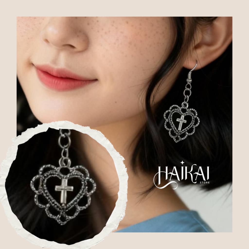 Brincos de Coração Lolita Cosplay Romanticos Vintage Gótico Y2K Fofos Anime Coreano Prateado