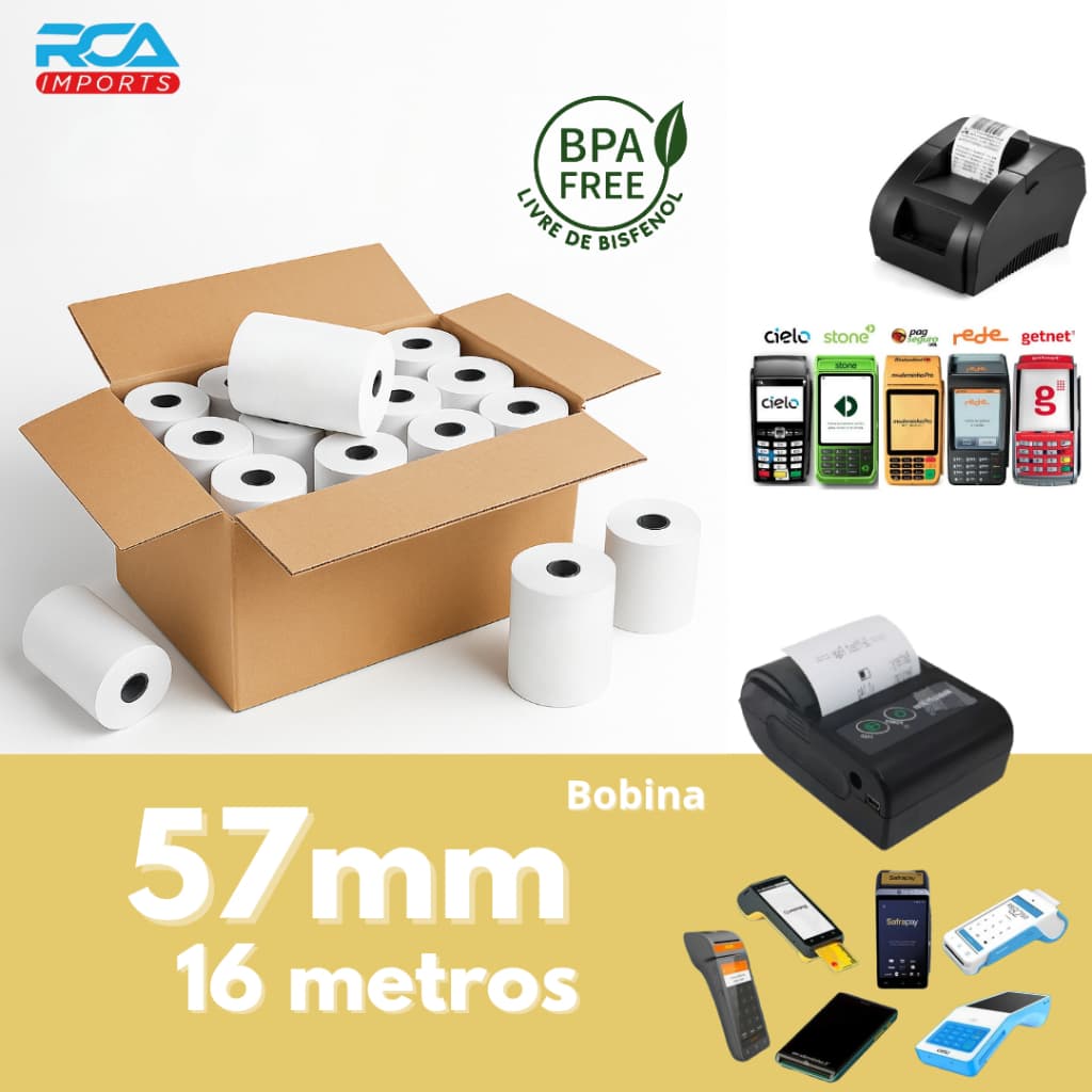 Bobina Térmica Para Mini Impressora Térmica e Máquinas de Cartão 57mm 16metros
