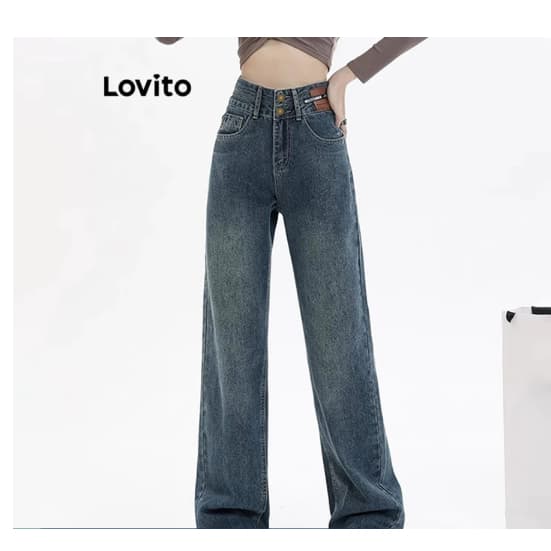 Casual Calça Jeans Feminina Lisa com Botão Duplo Fecho Frontal e Bolsos Tamanho: S (P)