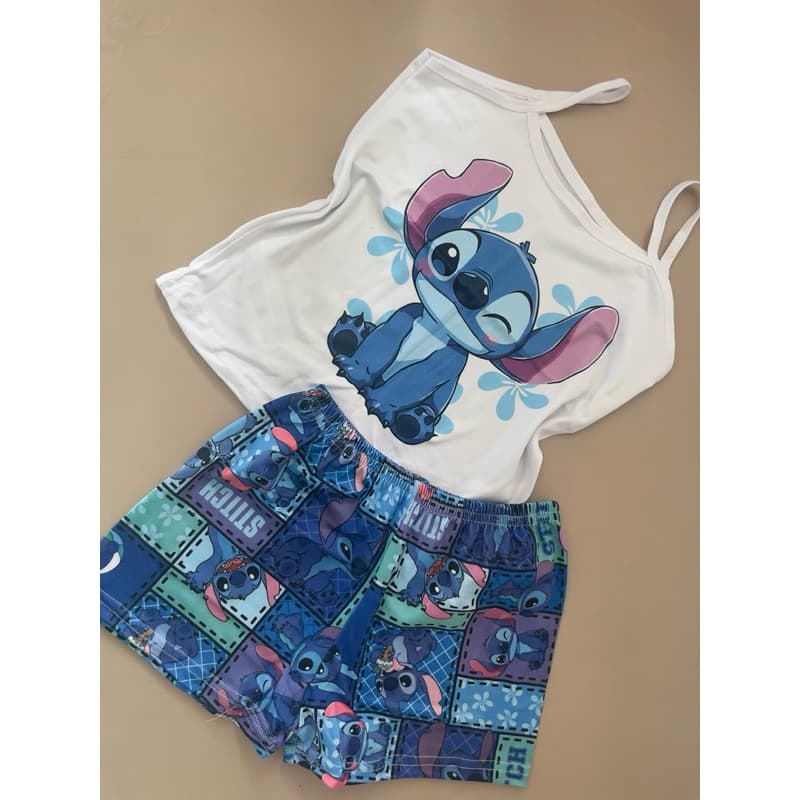 Pijama Infantil Feminino Regata e Short Estampado em Suede| Conjunto Fofo Stitch e Ursinhos Personagem