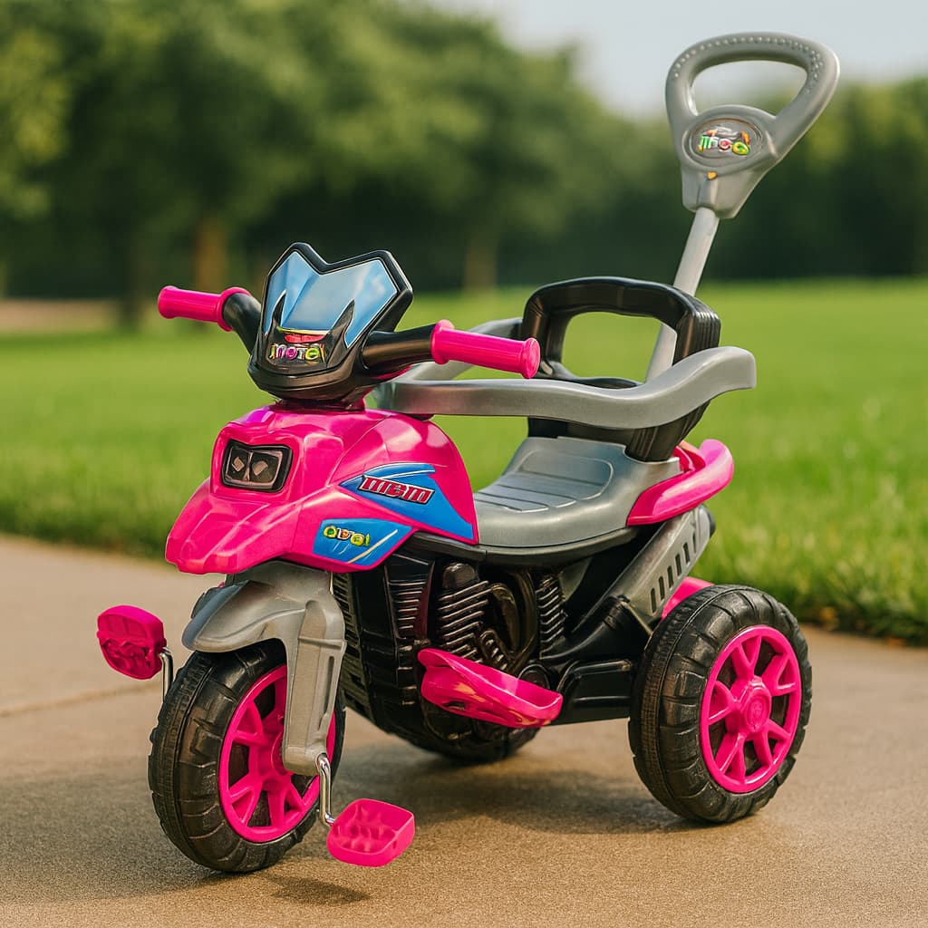 Triciclo Infantil Moto com Pedal e Haste Motoca de Passeio Azul ou Rosa