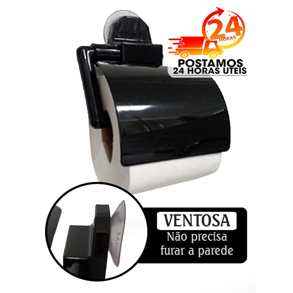 Suporte Papel Higiênico PRETO Com Tampa sistema de Ventosa Banheiro Porta PH não precisa furar pared