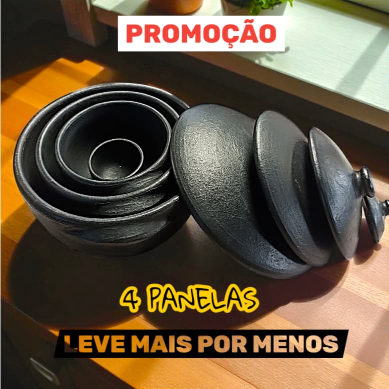 Panela Barro Capixaba Preta- Conjunto C/ 4peças-Moqueca-Arroz-Ensopados/Retém Calor/Fogo Gás/Fogão Lenha