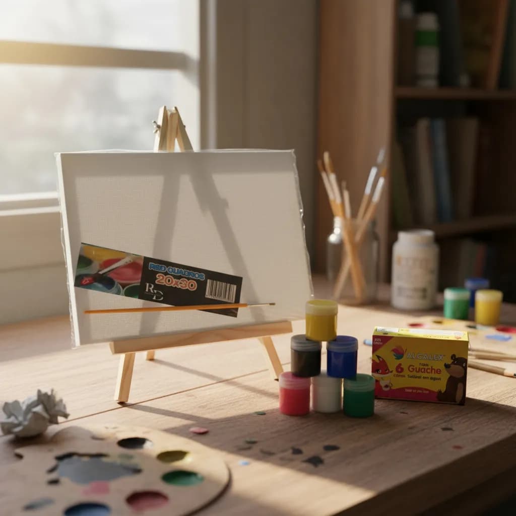 Kit Cavalete 25x39 + 1 Tela 20x30 + 1 Pincel + 6 Tintas R&d Quadros para Trend Noite da Pintura