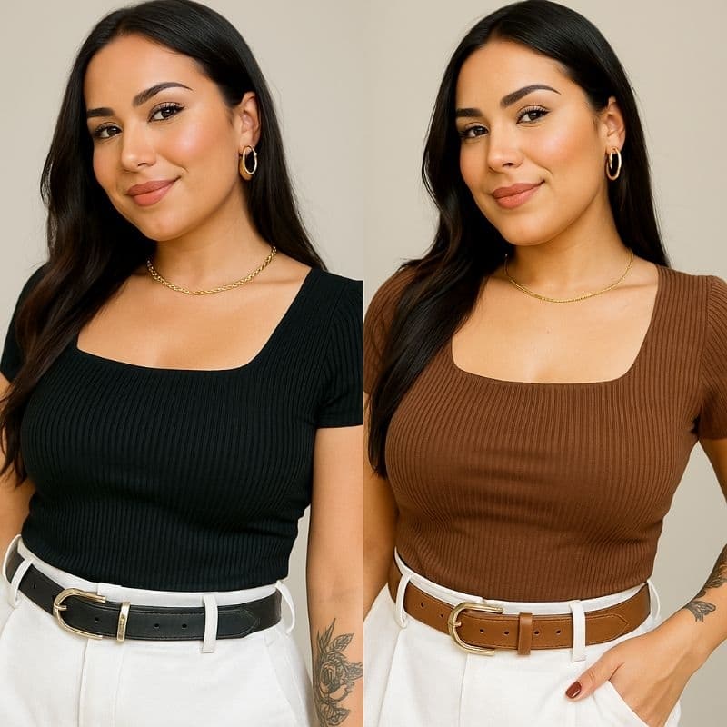 Kit2 Blusas Feminina Canelada Listrada Gola Decote Quadrada Manga Curta Blusinha Casual Elegante Dia a Dia
