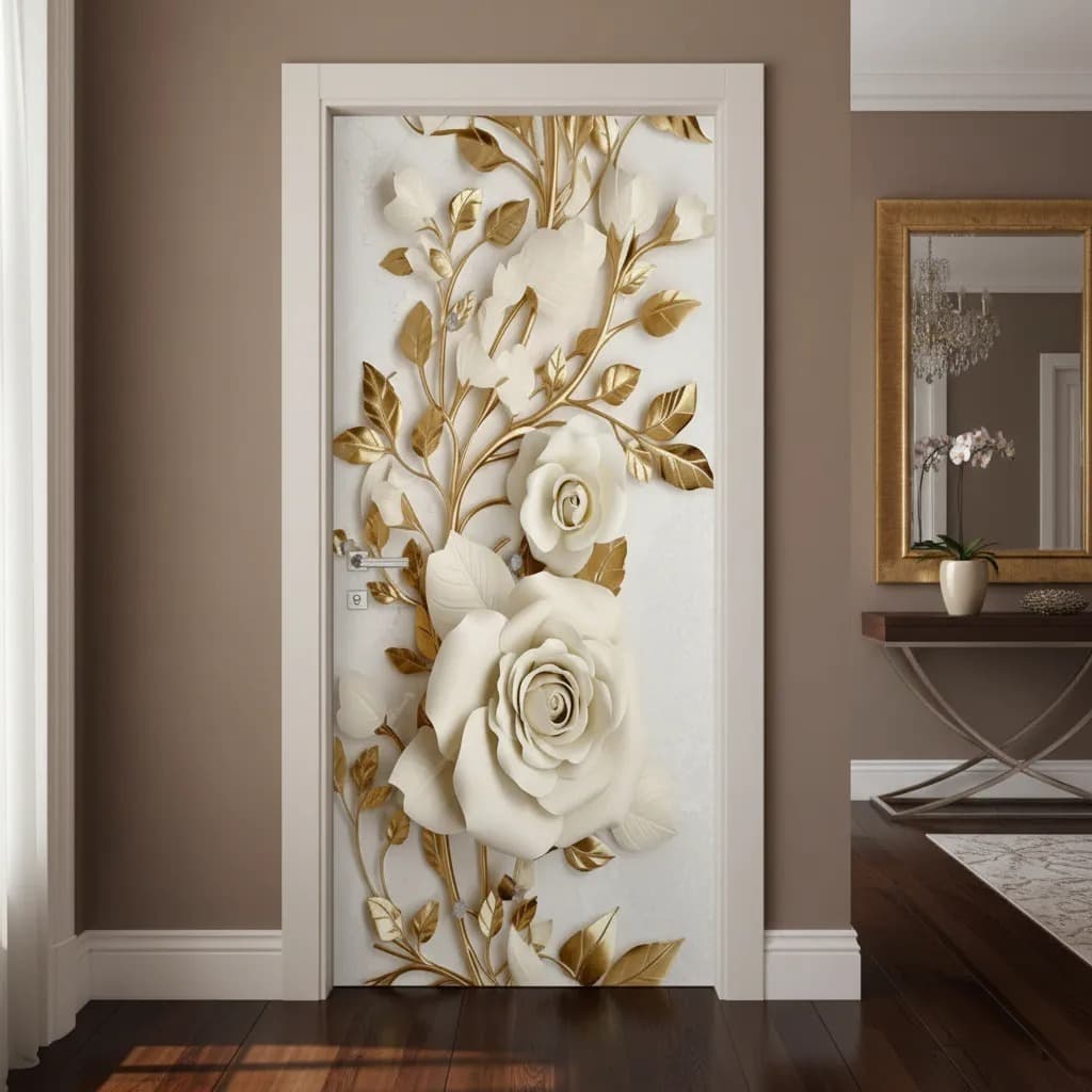 Adesivo Decorativo de Porta de Madeira Vidro Flores Rosa Branca Floral Natureza Residencial Quarto