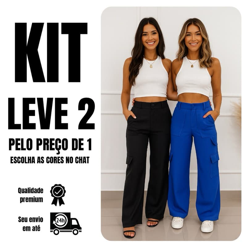 KIT 2 Calça Cargo Alfaiataria Feminina Wide Leg com Bolsos Laterais e Cintura Média Moderna e Confortável
