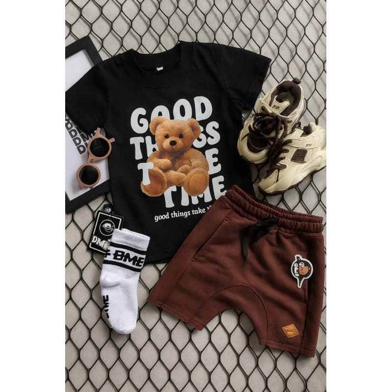 conjunto shorts verao infantil menino confortável 02 ao 12 anos | camiseta preta urso good-bermuda Bebeto marrom