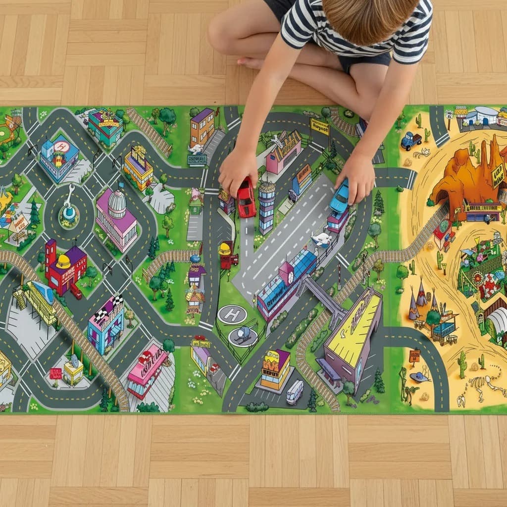 Tapete de Atividades Infantil Pista de Corrida Carrinho 200x100cm Grande Caminhao Faroeste Estrada