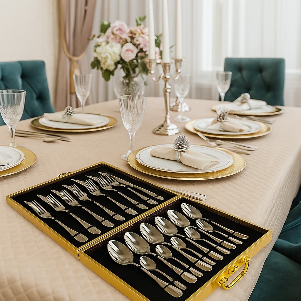 Jogo Faqueiro Talheres Inox Conjunto Aparelho de Jantar 24 Peças Luxo Linha Premium Maleta Dourada