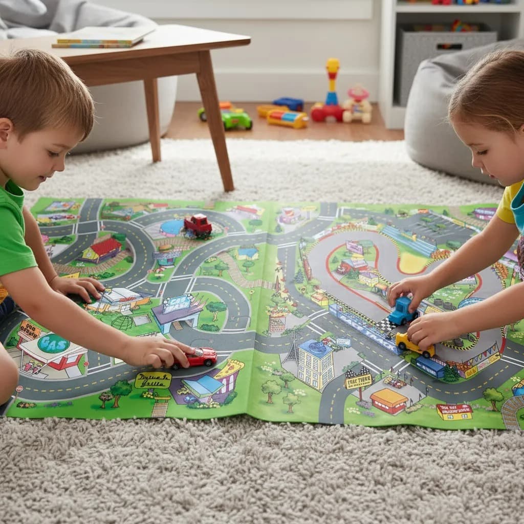 Tapete de Atividades Infantil Pista de Corrida Carrinho 150x100cm Grande Carros Caminhao Gigante
