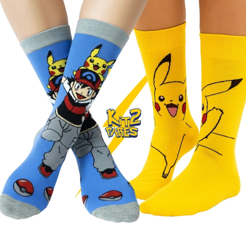 Kit 2 Pares Meia Divertida Pikachu Ash Ketchum Pokémon Cano Alto Unissex Geek