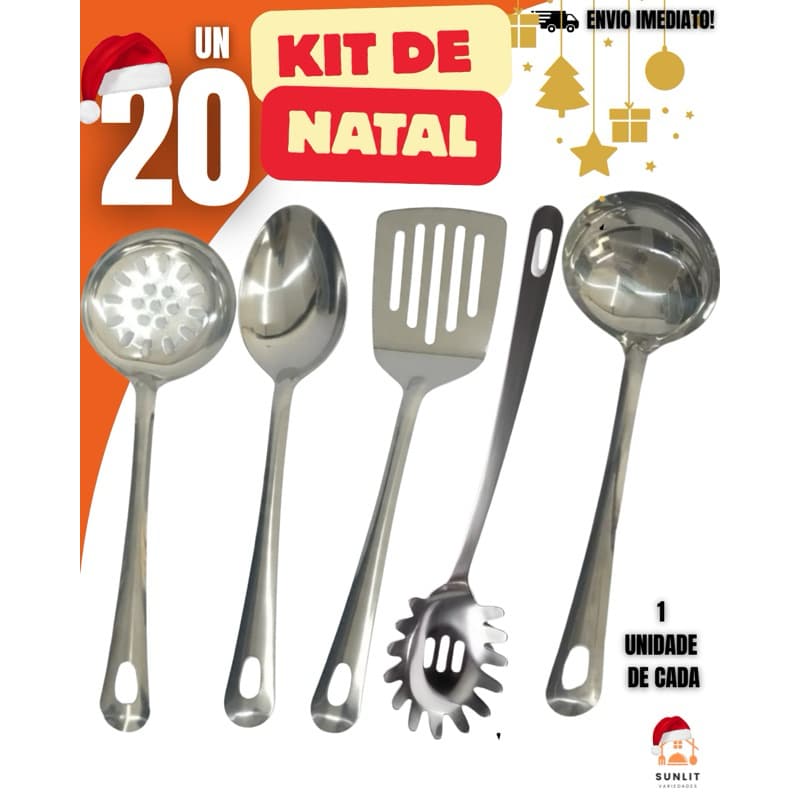 Kit Mesa de Natal Cozinha Inox – Concha, Espátula, Escumadeira, Colher de Arroz e Pegador de Massas