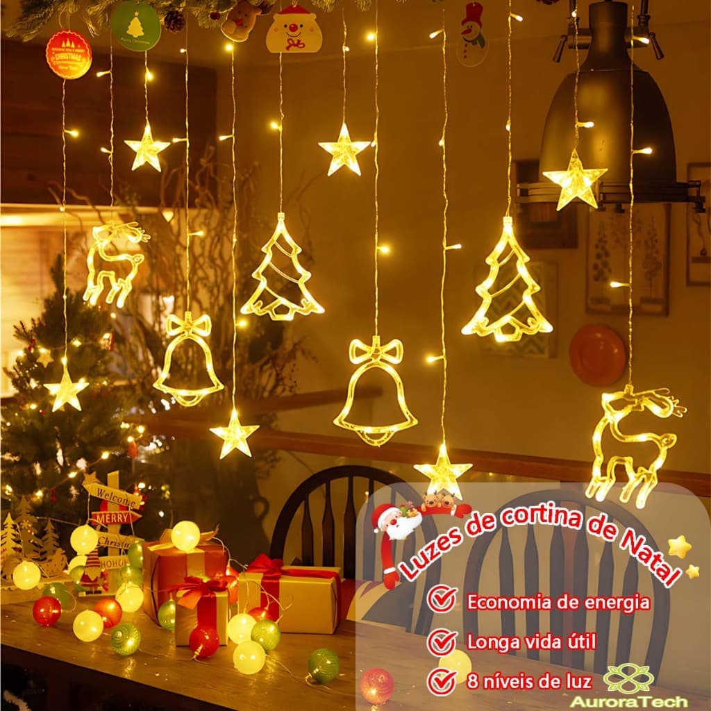 Decoração De Natal Estrela Lua Santa Cachoeira Cortina Piscando LED Filamento