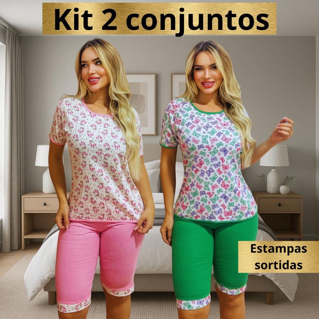 Kit 2 Conjunto Pijama Pescador Camiseta Malha 100% Algodão Babydool Feminino Dormi Confortável Capri