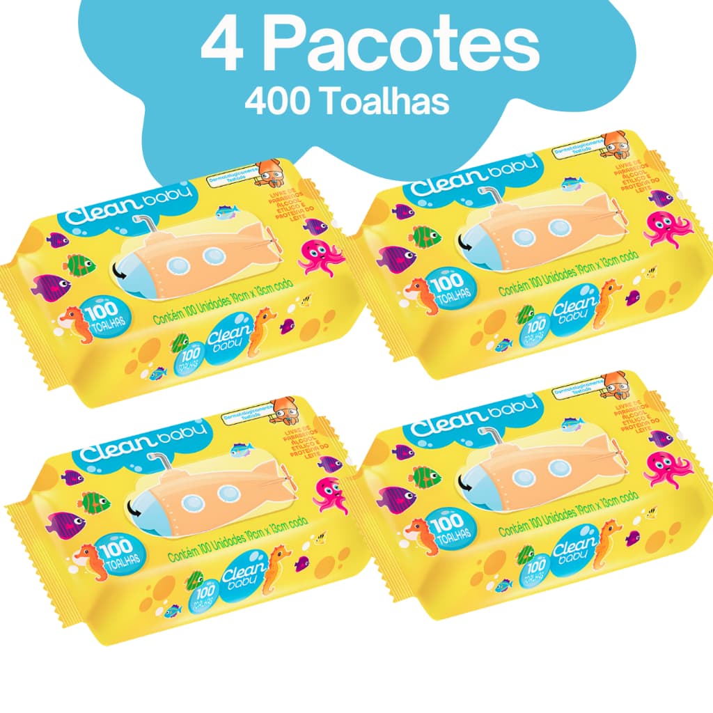 Toalha Umedecida Clean Baby sem álcool etílico 4 pacotes (400 unidades)