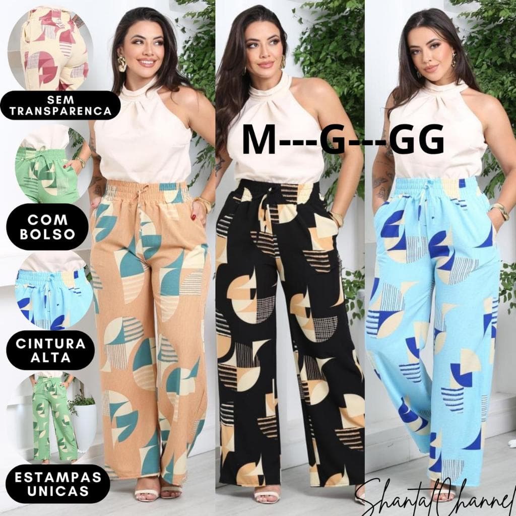 Calça Pantalona Feminina Estampada Cintura Alta Com Bolso Sem Transparência  Duna PRONTA ENTREGA