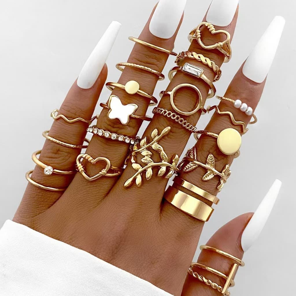 24 pcs Retro Gold Geometric Twist Hollow Rings Set Para Acessórios De Jóias Femininas.
