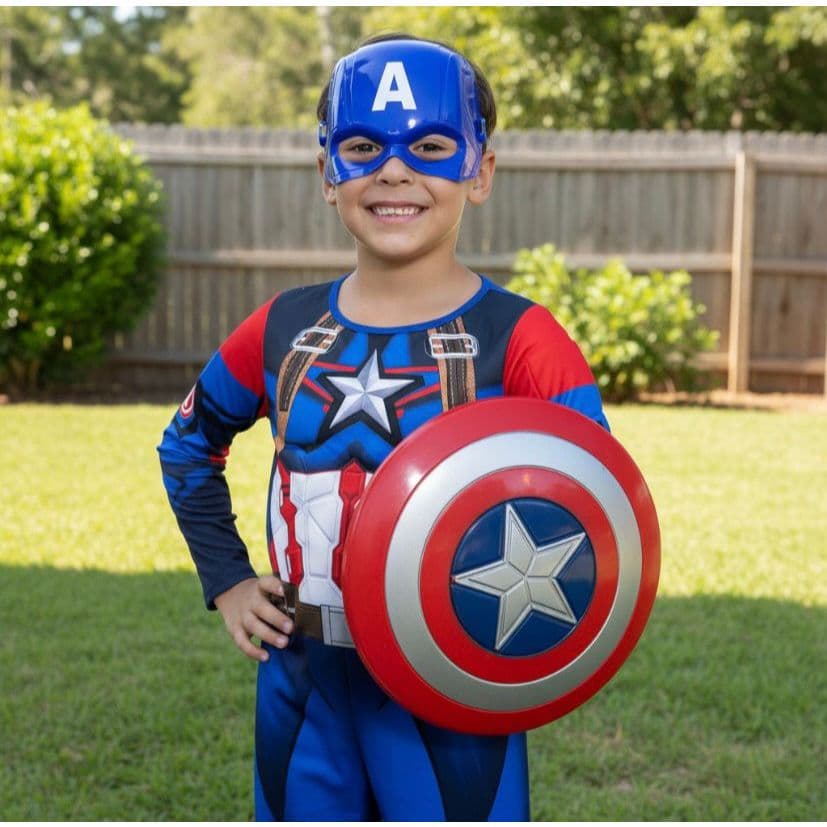 Fantasia Infantil Do Capitao America Longa Com Enchimento e Escudo
