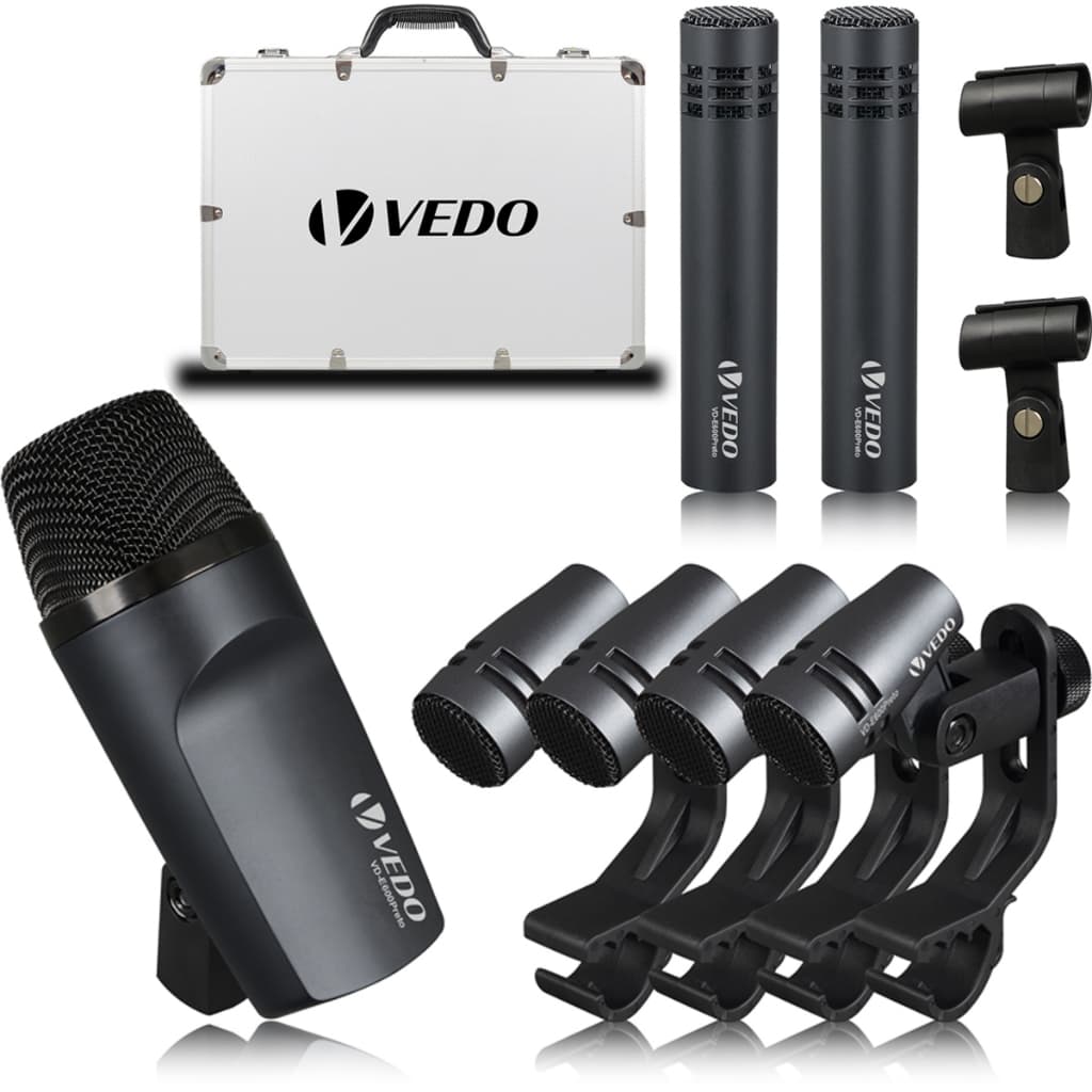 VD-E600Preto Microfone dinâmico com fio para bateria, 7 peças (totalmente em metal) - Conjunto de microfones para bumbo