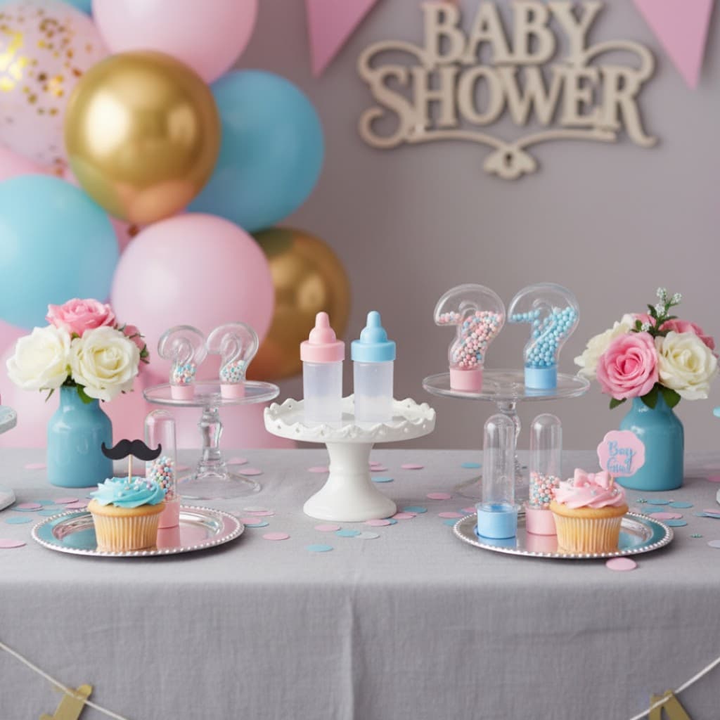 Kit Chá Revelação Azul e Rosa 120 Unidades – 40Tubetes 8cm + 40Mamadeiras +40 Tubete Interrogação + 2 Taças Brinde