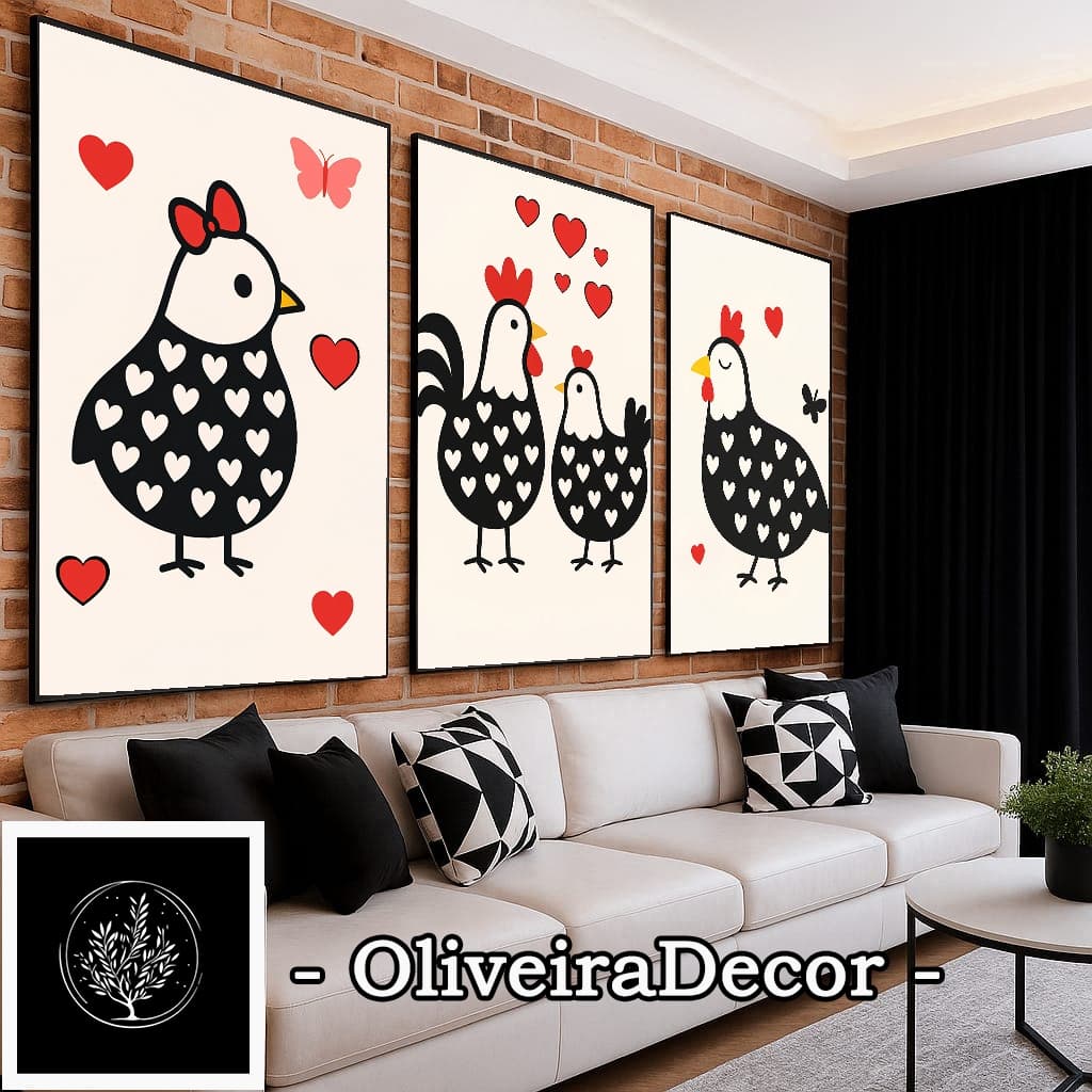 KIT QUADRO DECORATIVO ARTE COZINHA ANIMAL GALINHA DA ANGOLA 3 PEÇAS DECORAR SALA QUARTO ESCRITORIO