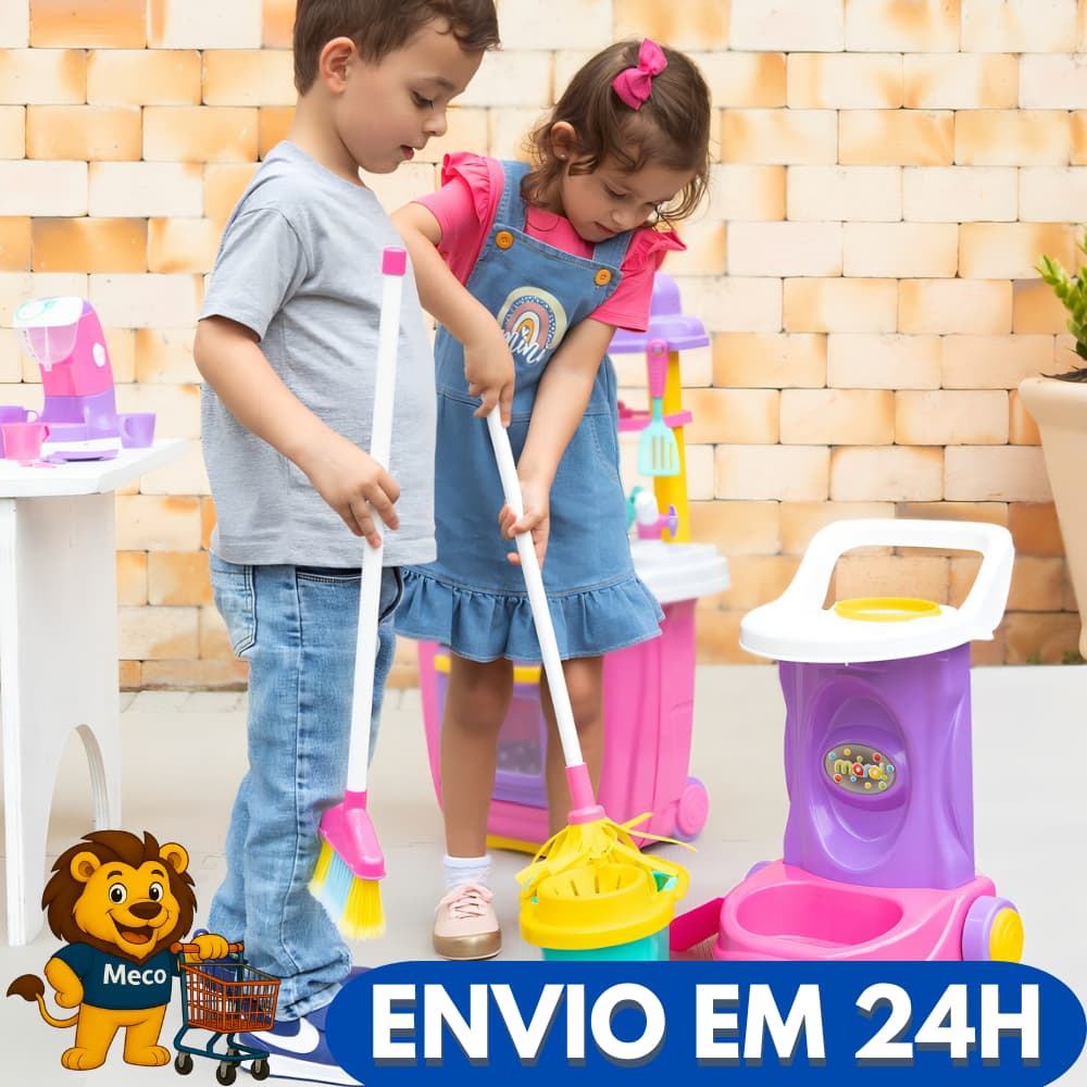 Carrinho de Limpeza Infantil Brinquedo Educativo Brincadeira Aprendizado Responsabilidade Acessórios