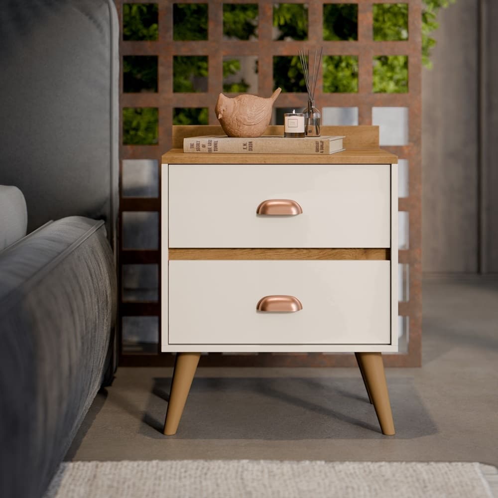 Mesa De Cabeceira Retro Com 2 Gavetas Prime Decoração Prateleira - Quality Móveis
