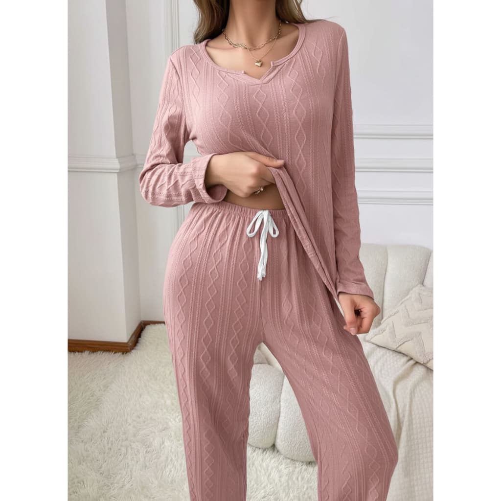 Conjunto Pijama Longo Canelado Manga Longa Calça  Feminina