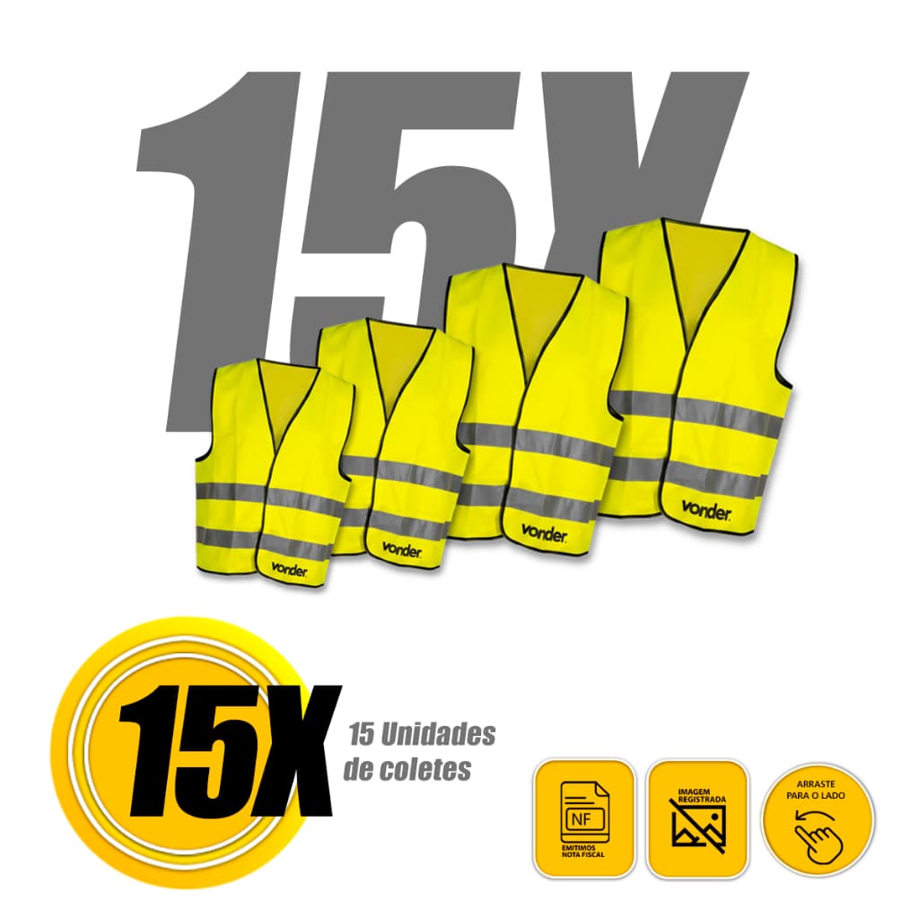 Kit 15 Colete de Segurança Refletivo S/ Bolso Amarelo EPI CV100 Vonder