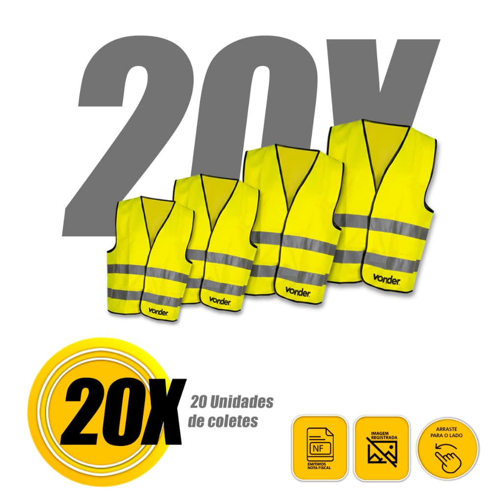 Kit 20 Colete de Segurança Refletivo S/ Bolso Amarelo Com Velcro CV100 Vonder