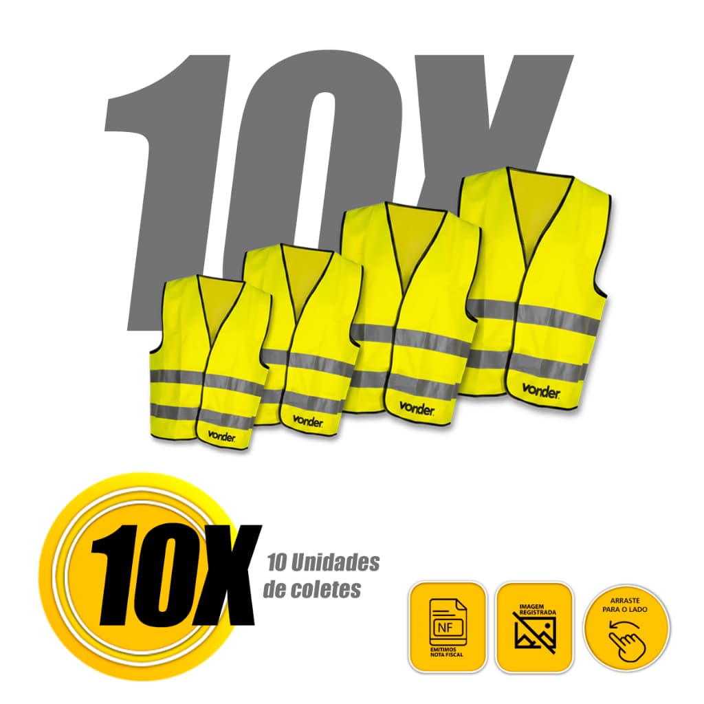 Kit 10 Colete de Segurança Refletivo S/ Bolso Amarelo CV100 Vonder