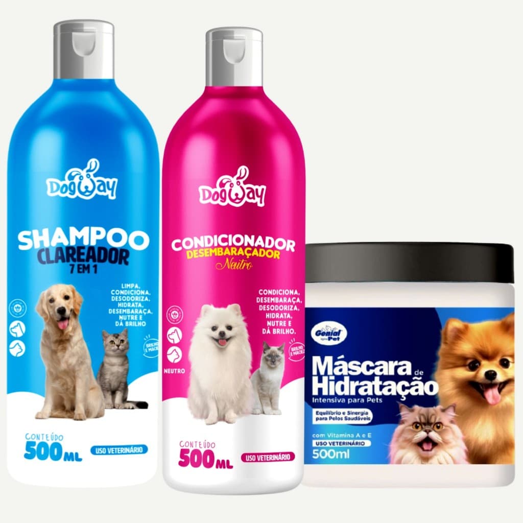 Kit Shampoo Branqueador 7 Em 1 + Condicionador Desembaraçador de Pelagem + Mascara Intensiva Cães Gatos - Banho e Tosa