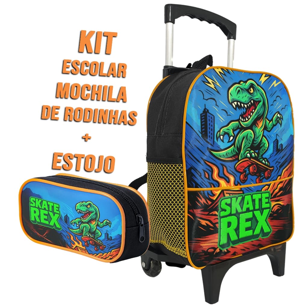Mochila Escolar de Rodinha Dinossauro Skate Rex Estojo 1 Zíper Simples Infantil Menino